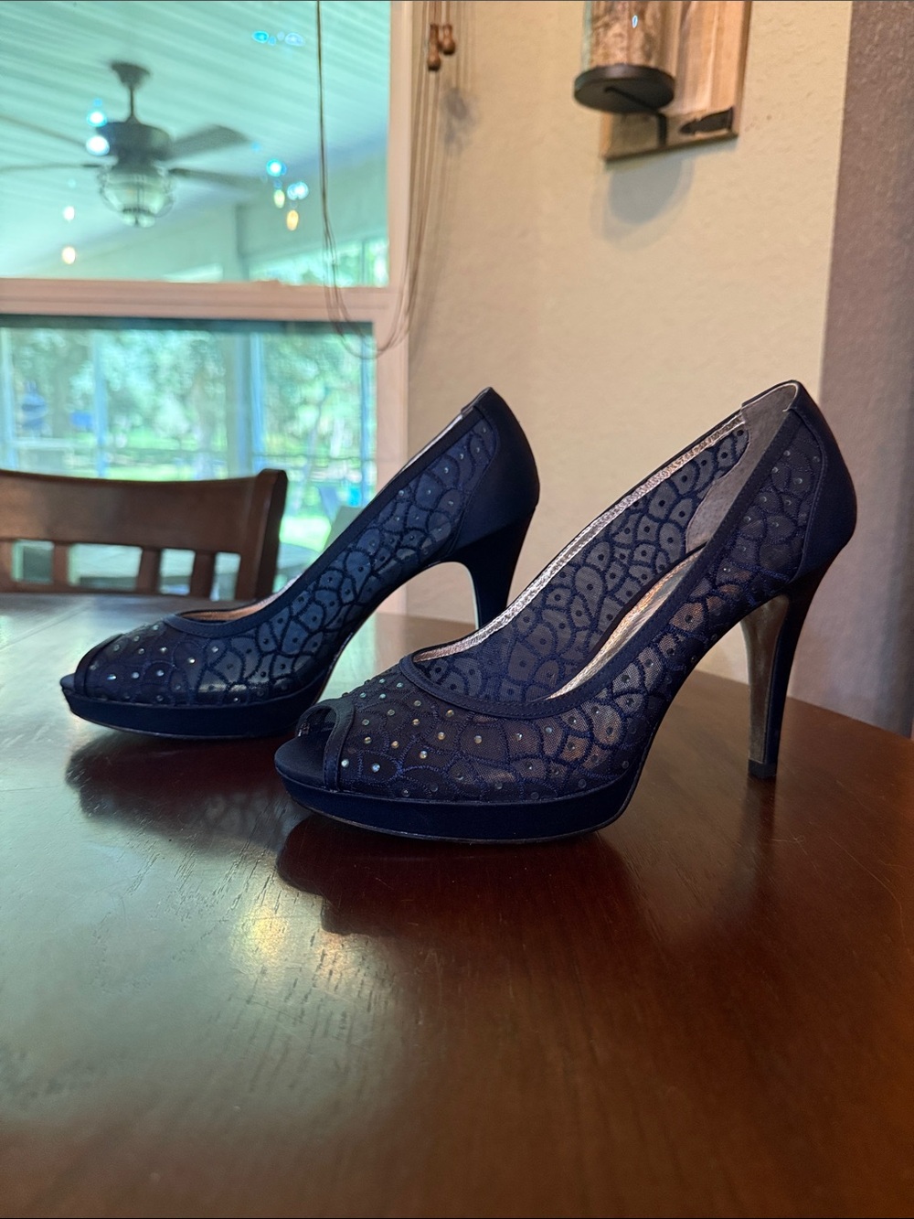 Adrianna Papell Navy Peep-Toe Stiletto Heels with Mesh Overlay